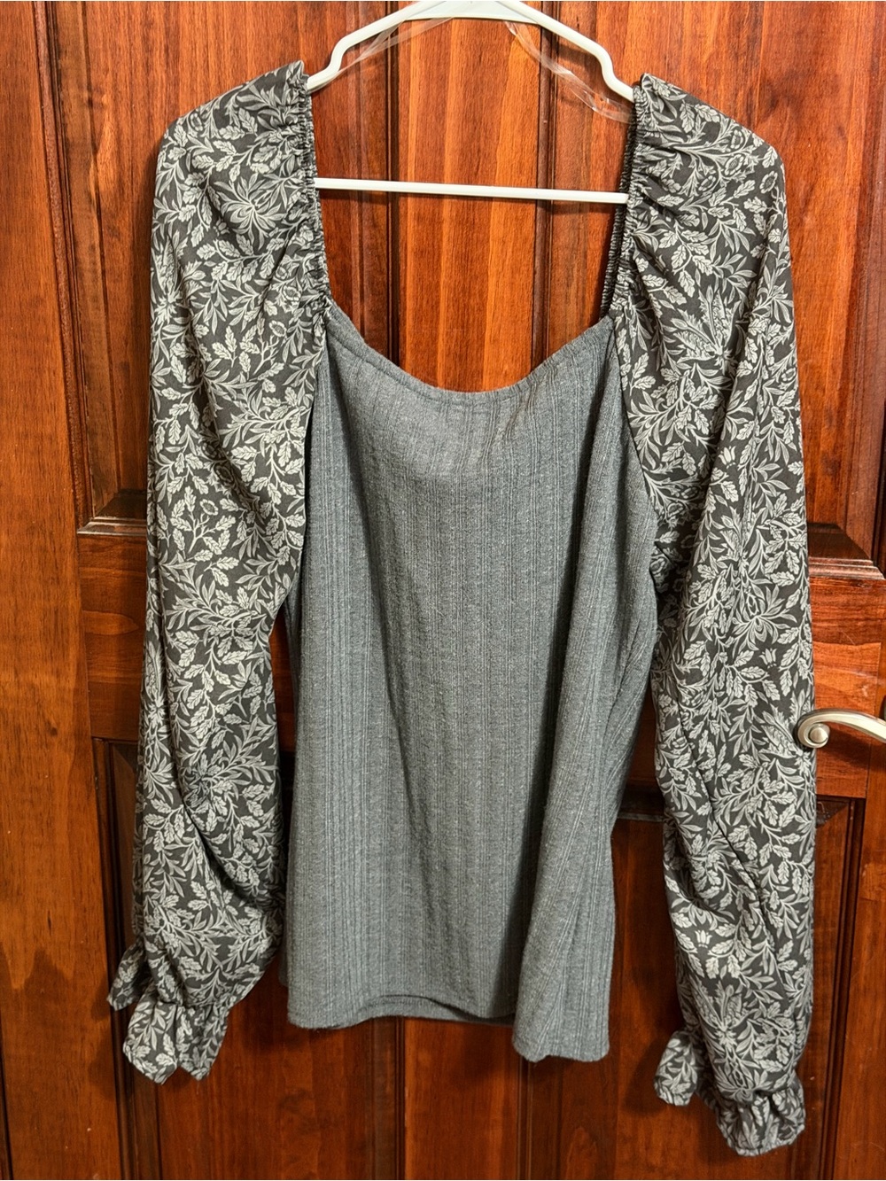 Ribbed Gray Bodice Top with Floral Puff Sleeves